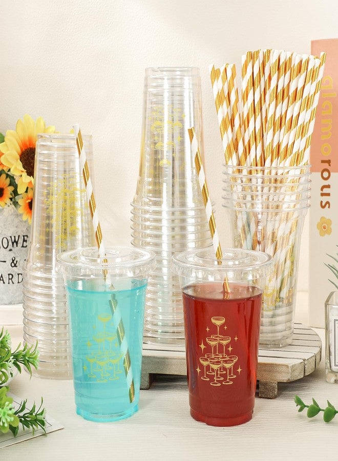 JarThenaAMCS أكواب بلاستيكية من JarThenaAMCS سعة 12 أونصة، 50 قطعة، مع أغطية وماصات ذهبية اللون، للاستخدام مرة واحدة، مثالية لحفلات أعياد الميلاد وحفلات توديع العزوبية. - Image 4